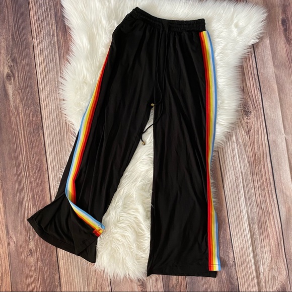 High Waisted Black Rainbow Striped Sweatpants - Picture 1 of 4